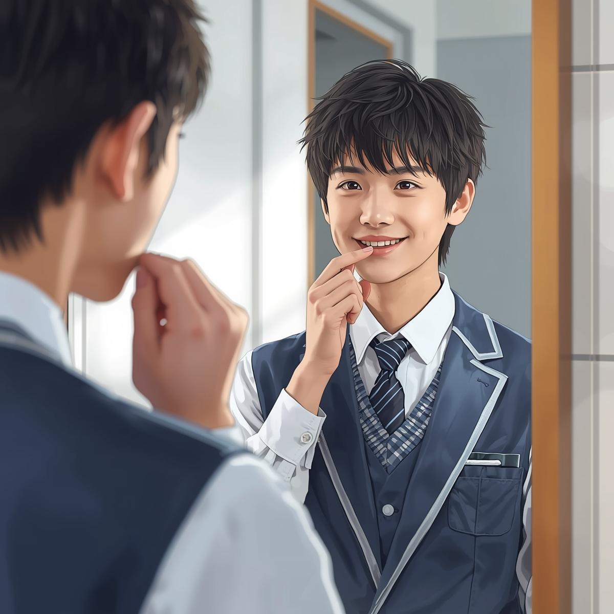 制服姿の日本人高校生が鏡を見ながら笑顔で歯をチェックする様子。清潔感と前向きな印象。