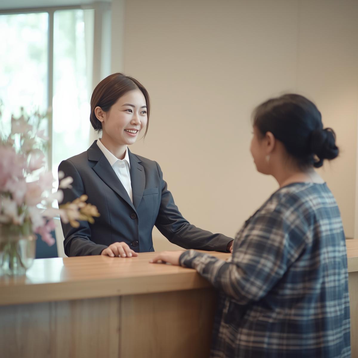受付カウンターで笑顔の日本人女性スタッフが少しぽっちゃりした日本人女性患者を案内している場面。安心感と信頼感を演出。スタッフは事務服を着ている。