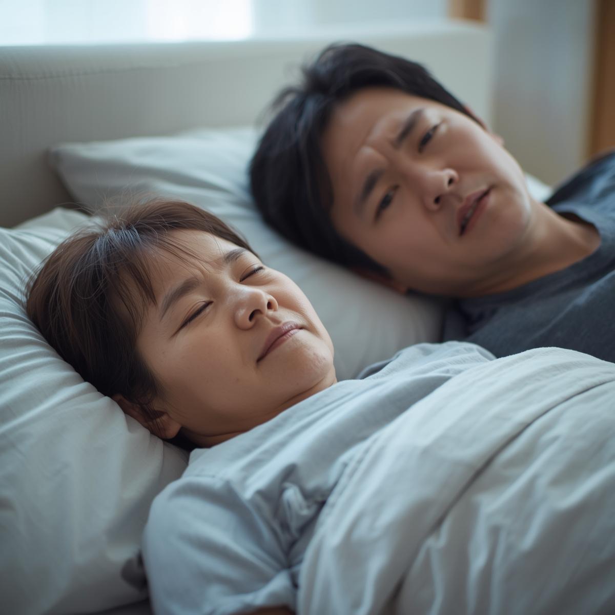 日本人中年女性がいびきをかいて寝ている隣で、心配そうに見つめる日本人パートナーの姿。明るい寝室で実写風。