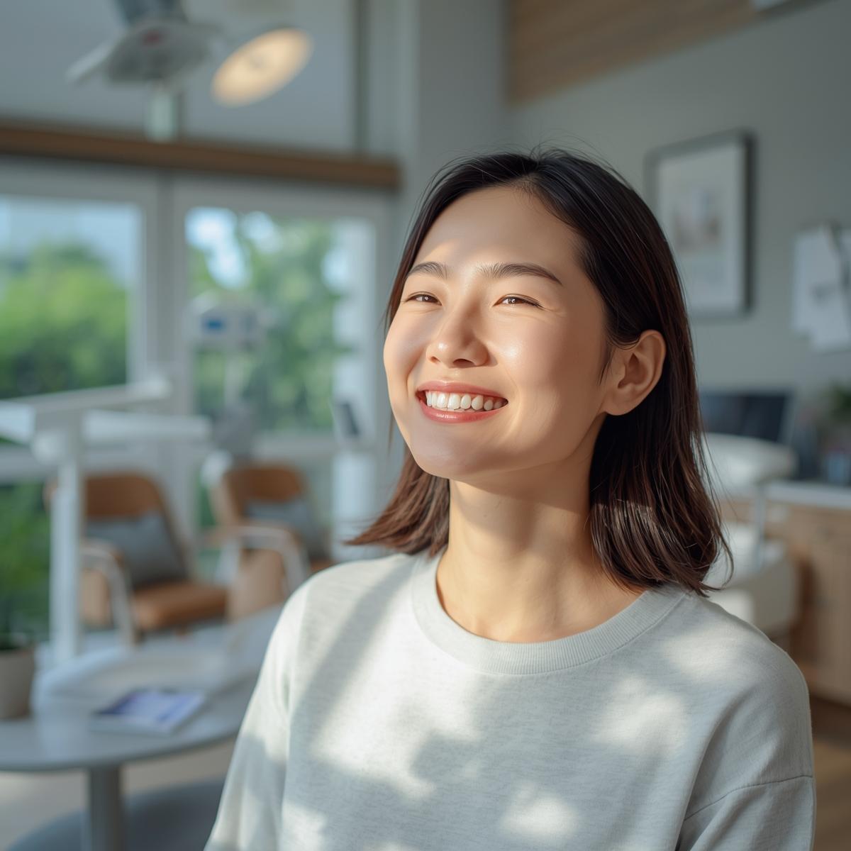 日本人女性が治療後に安心した表情で微笑んでいる様子。歯科医院の明るい待合室。