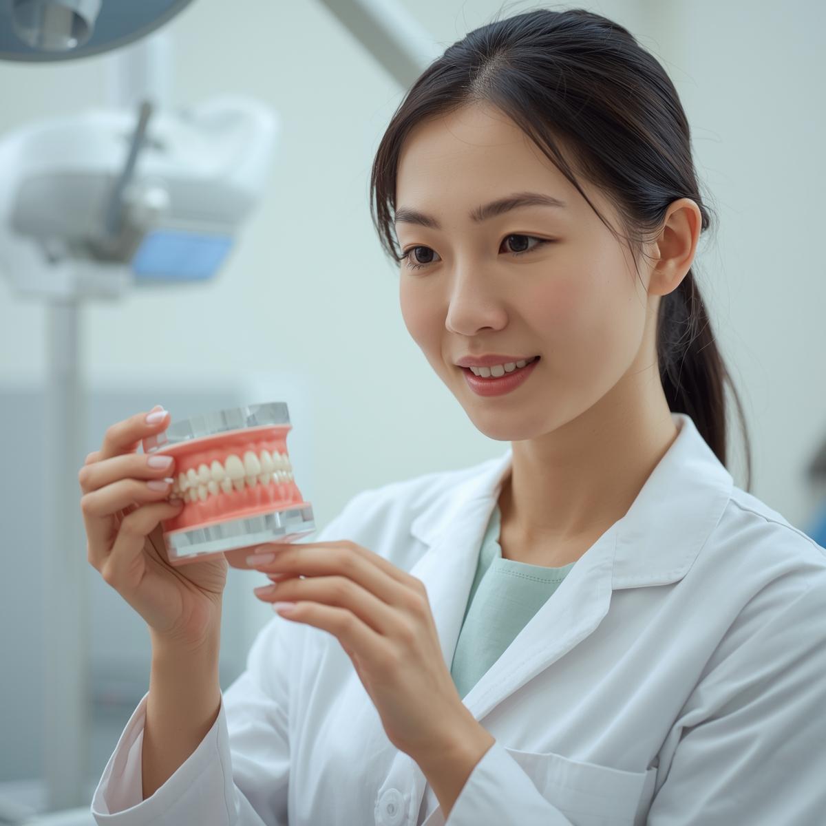 日本人女性歯科医師が上顎の歯の模型を使って噛み合わせを説明している様子。明るい診療室で実写風。
