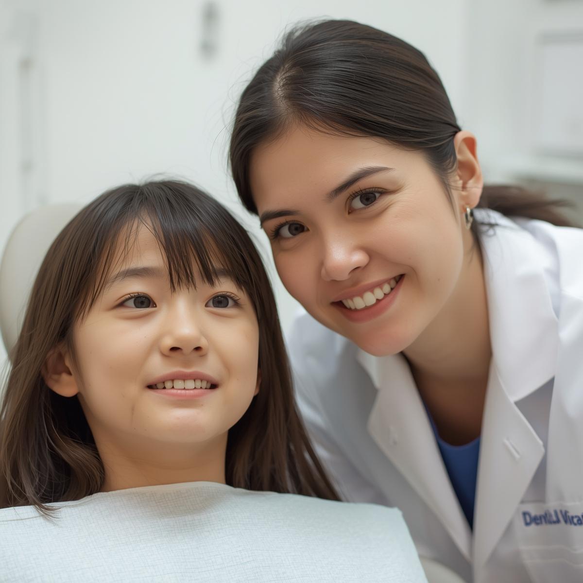 日本人少女が歯を気にしながら考えている様子。白衣の女性歯科医師が優しく話を聞いているシーン。