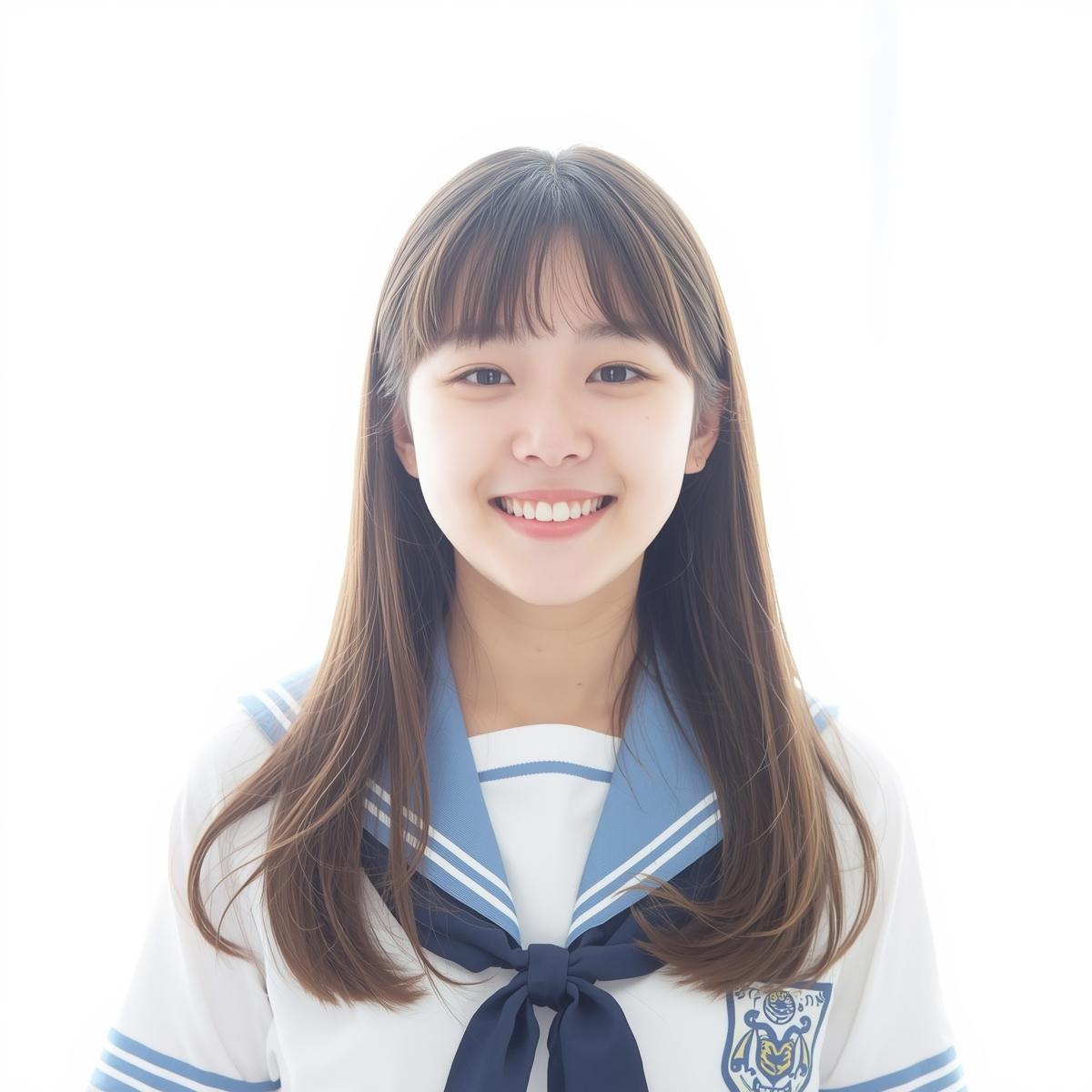 明るい背景で笑顔を見せる日本人女子中高生。白と淡いブルー基調で信頼感を感じる写真。