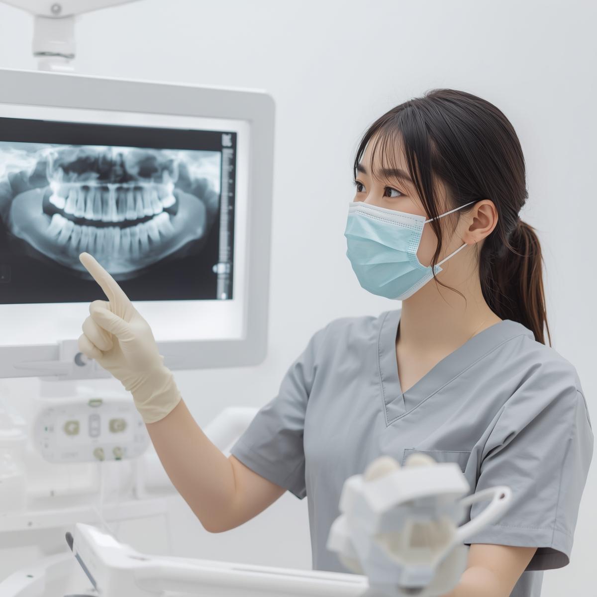 横向きに生えた親知らずのレントゲン写真を指差して説明する日本人女性歯科医師。白背景で清潔感あり。