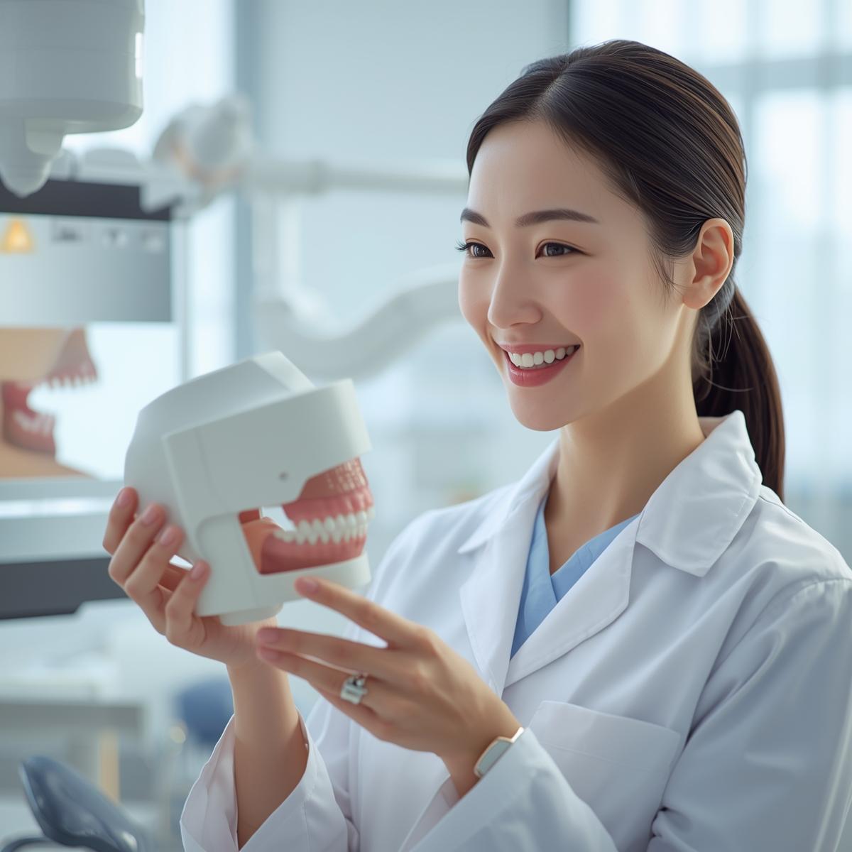 横顔の模型を使って歯並びと気道の位置関係を説明する日本人女性歯科医師。明るい診療室で実写風。