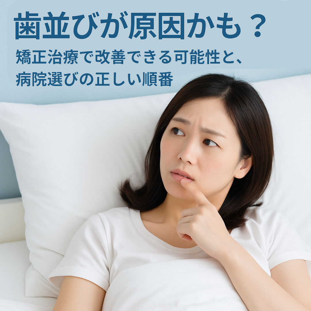 いびきに悩む女性がベッドの上で口元を気にしている様子。白と淡いブルー基調で清潔感と安心感のある背景。タイトル文字入り。