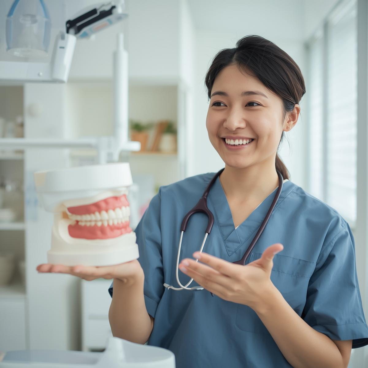 歯科医院でマウスピースや矯正器具を手に説明する日本人歯科医師。希望を感じる明るい雰囲気。
