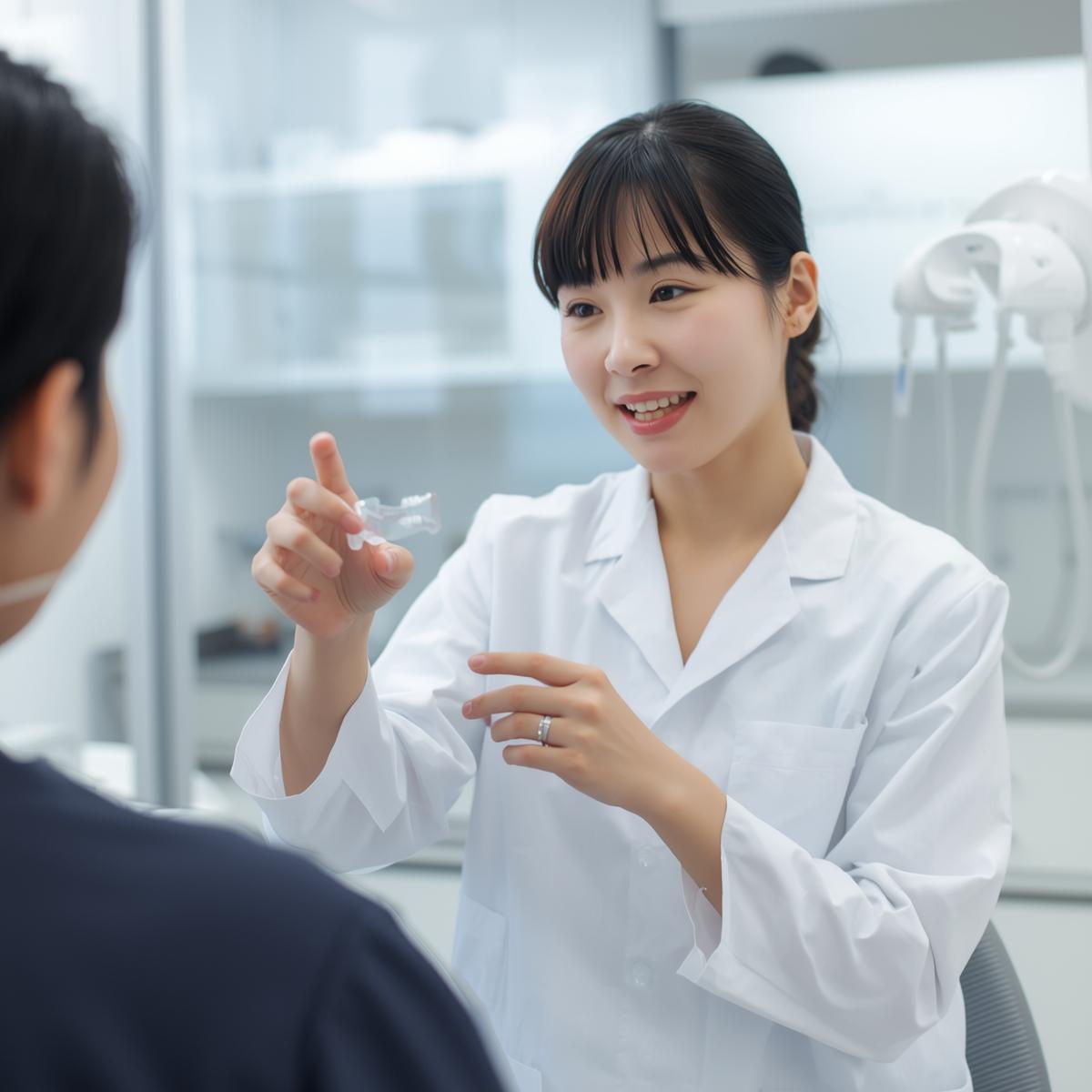 矯正用マウスピースを手に持ち、日本人患者に説明する日本人女性歯科医師。清潔感のある白衣姿。