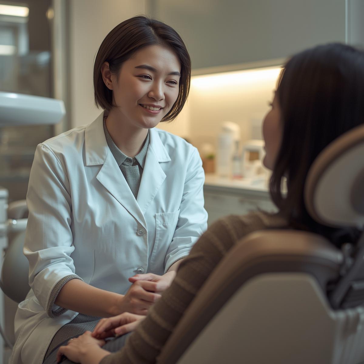 穏やかな表情の日本人女性歯科医師が、日本人患者の話をやさしく聞いている実写風写真。清潔感のある院内背景で温かみのある構図。