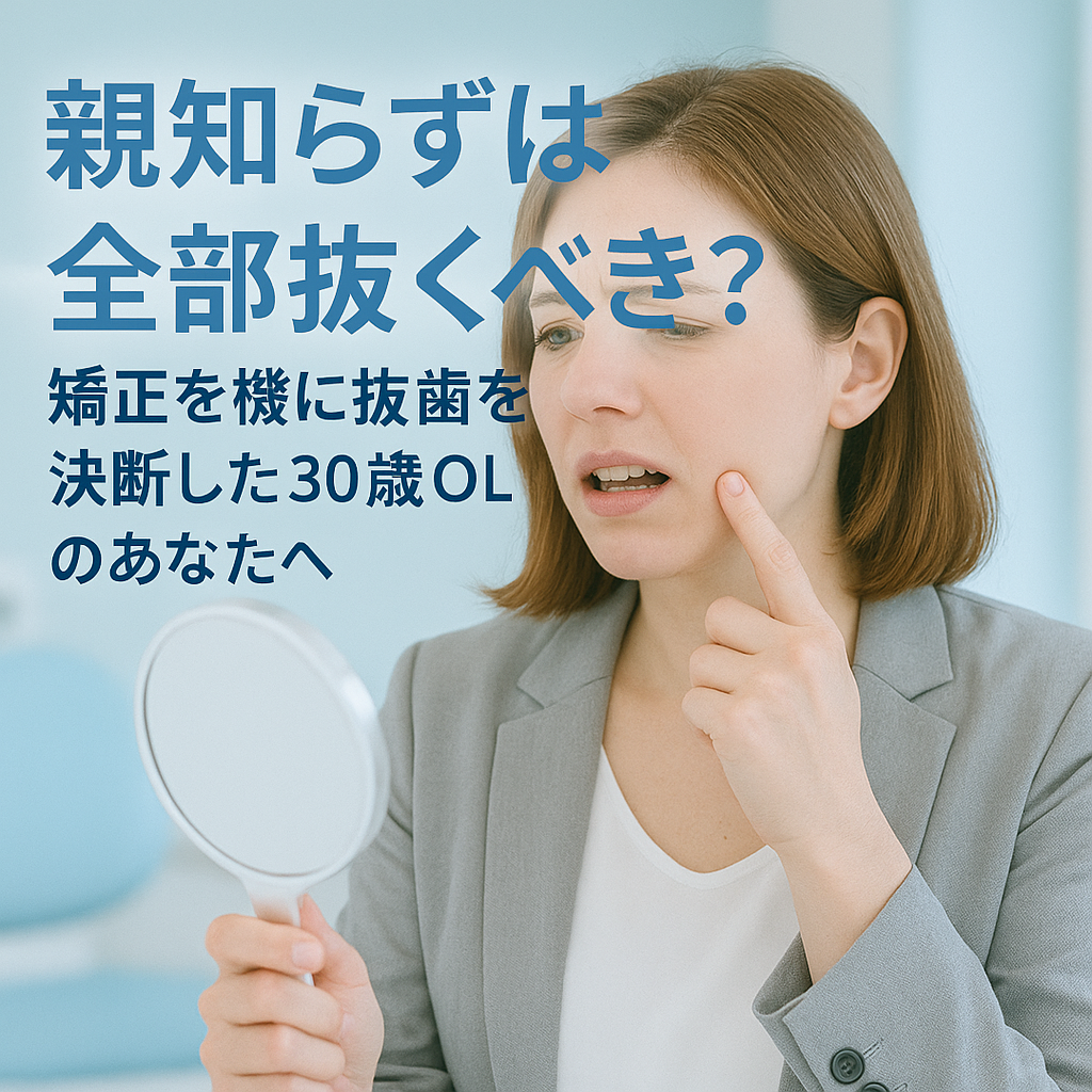 鏡の前で親知らずのあたりを気にする30代女性会社員。白と淡いブルー基調で清潔感と安心感のある歯科医院の背景。タイトル文字入り。