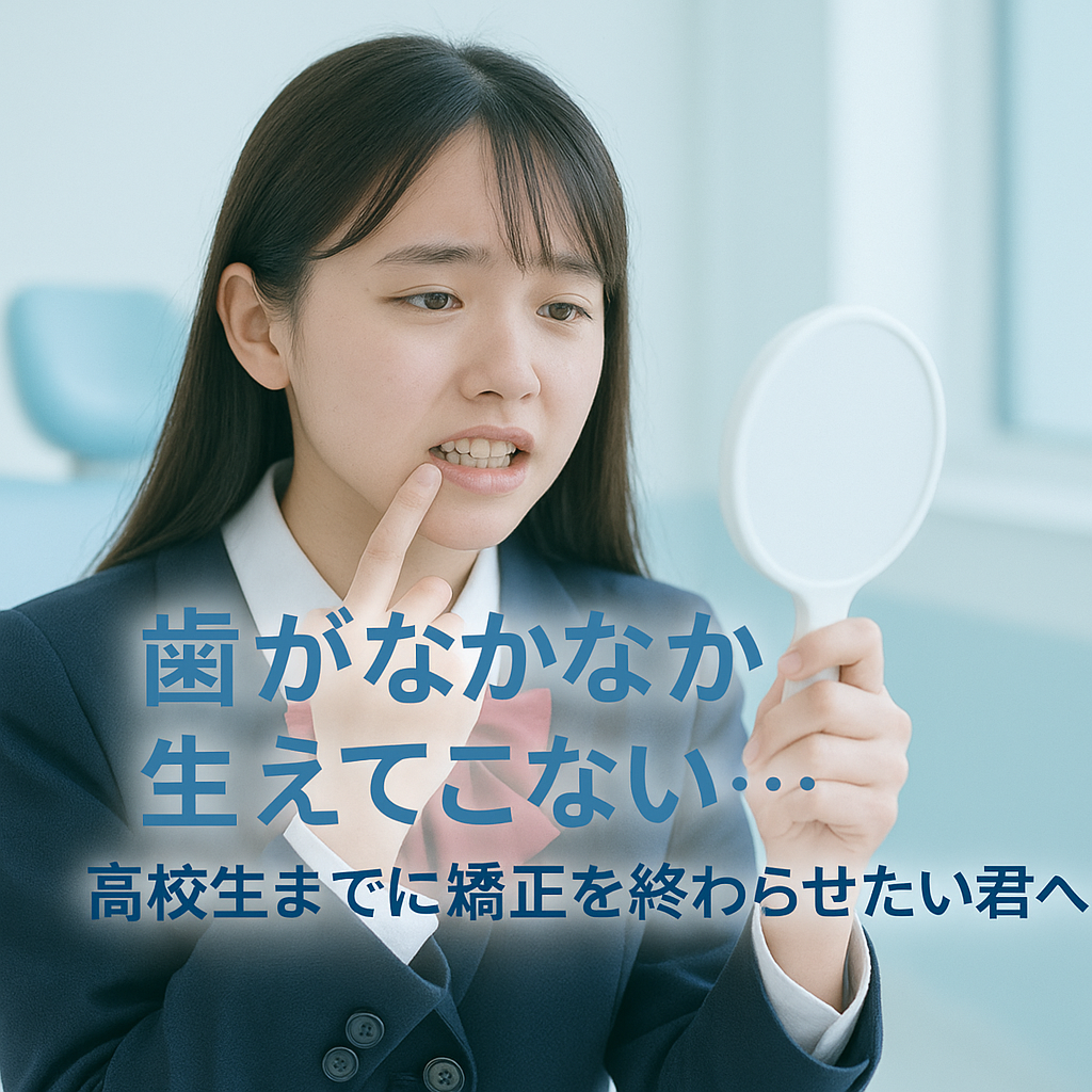 鏡を見ながら前歯の生え方を気にする中学生くらいの女の子。白と淡いブルー基調で清潔感のある歯科医院風背景。タイトル文字入り。