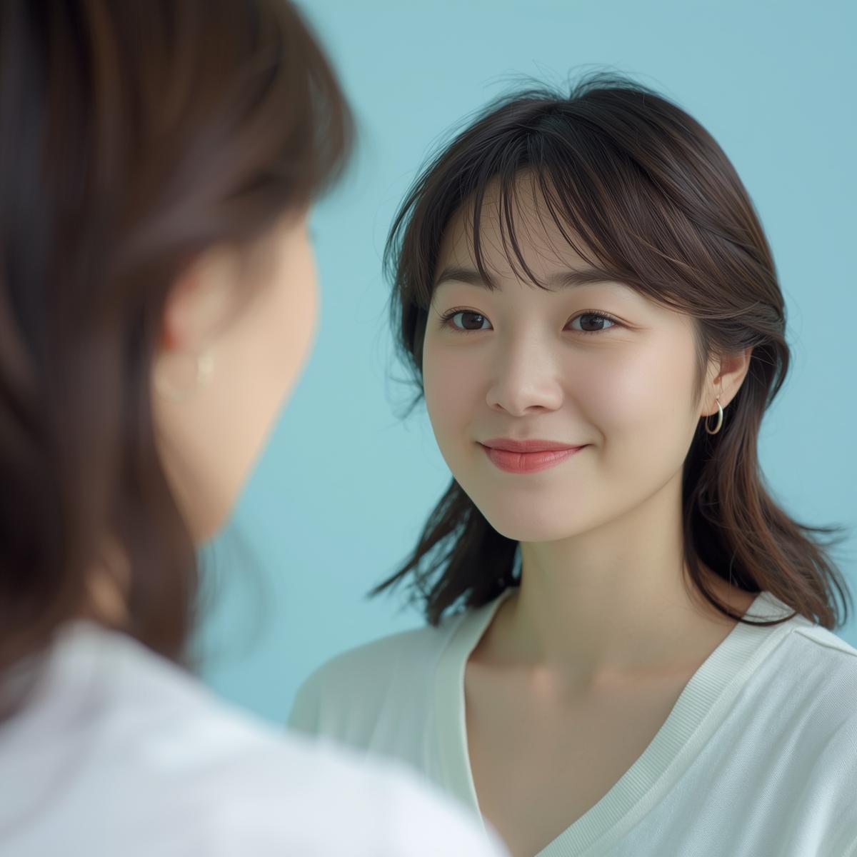 鏡を見ながら笑顔を見せる30代日本人女性。清潔感のある淡いブルー背景で安心感を演出。