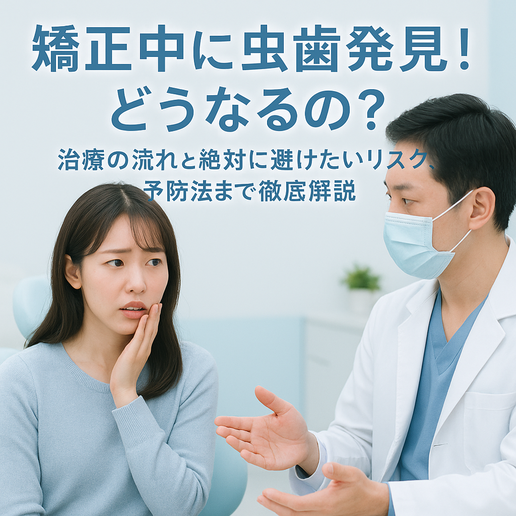 矯正中に虫歯発見！どうなるの？治療の流れと絶対に避けたいリスク、予防法まで徹底解説 → 歯列矯正中に虫歯が見つかって不安そうな女性患者と歯科医が相談する様子。白と淡いブルー基調の清潔な歯科医院内の実写風イメージ。