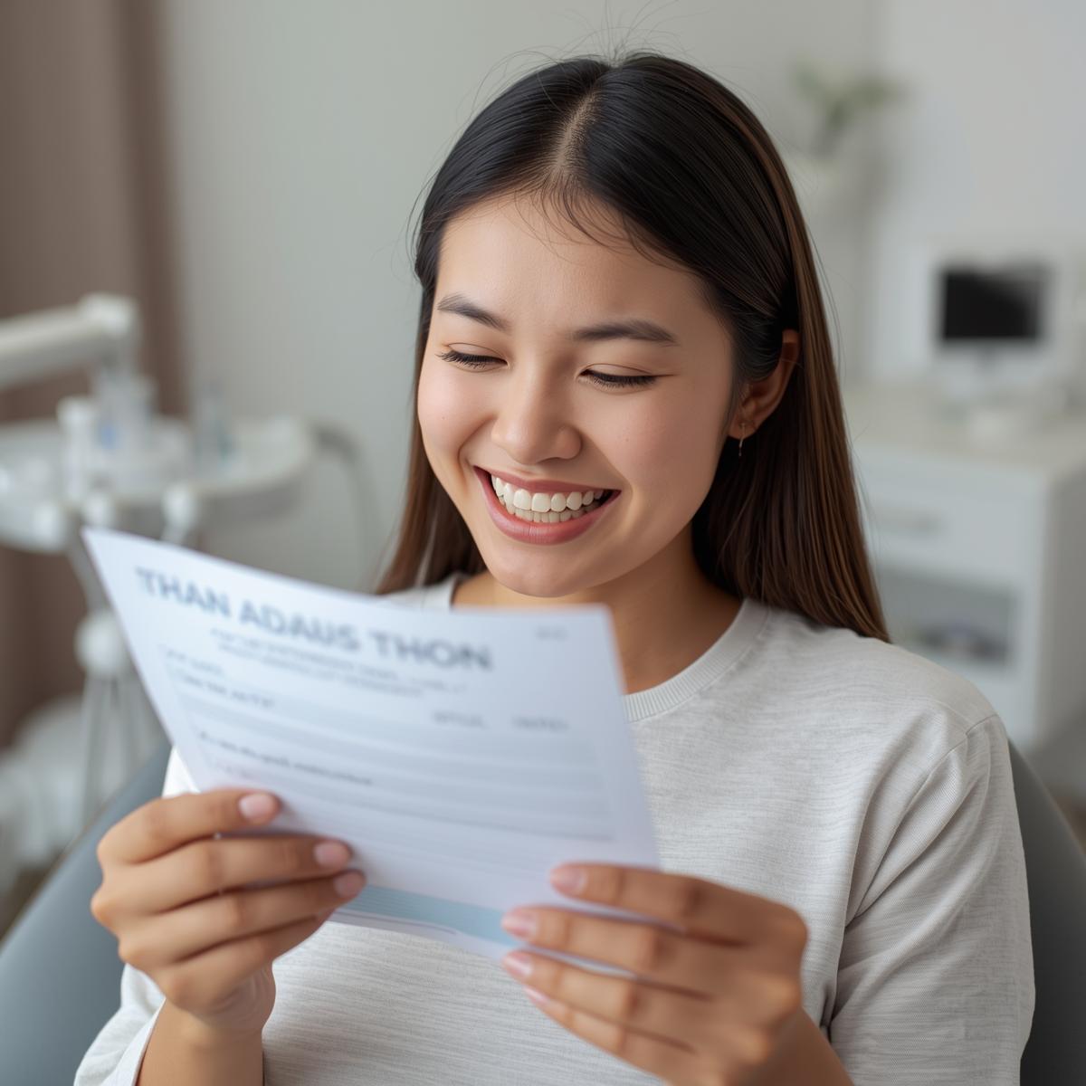 アジア人女性患者が矯正治療の見積書を見て安心した表情を浮かべる実写風イメージ。背景は明るい院内で清潔感のある雰囲気。