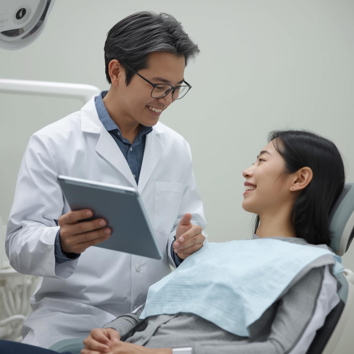 アジア人歯科医がタブレットを使って説明するシーンの実写風イメージ。日本人患者がうなずきながら聞いている様子。