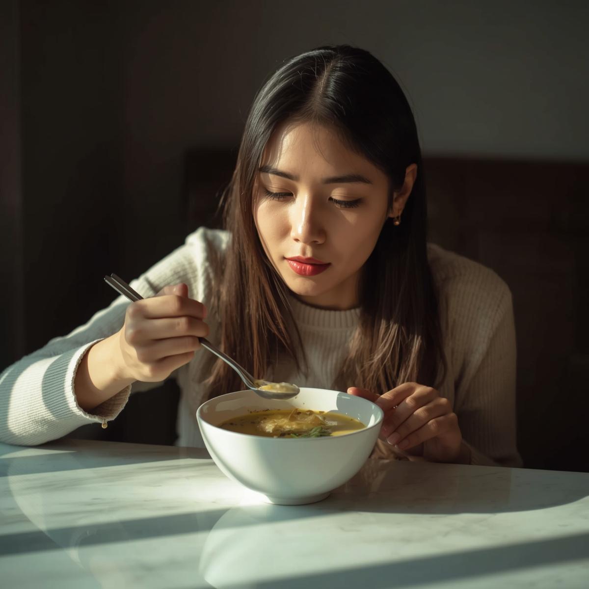 スープを食べる若いアジア人女性の実写風イメージ。清潔感ある食卓で安心感を表現。