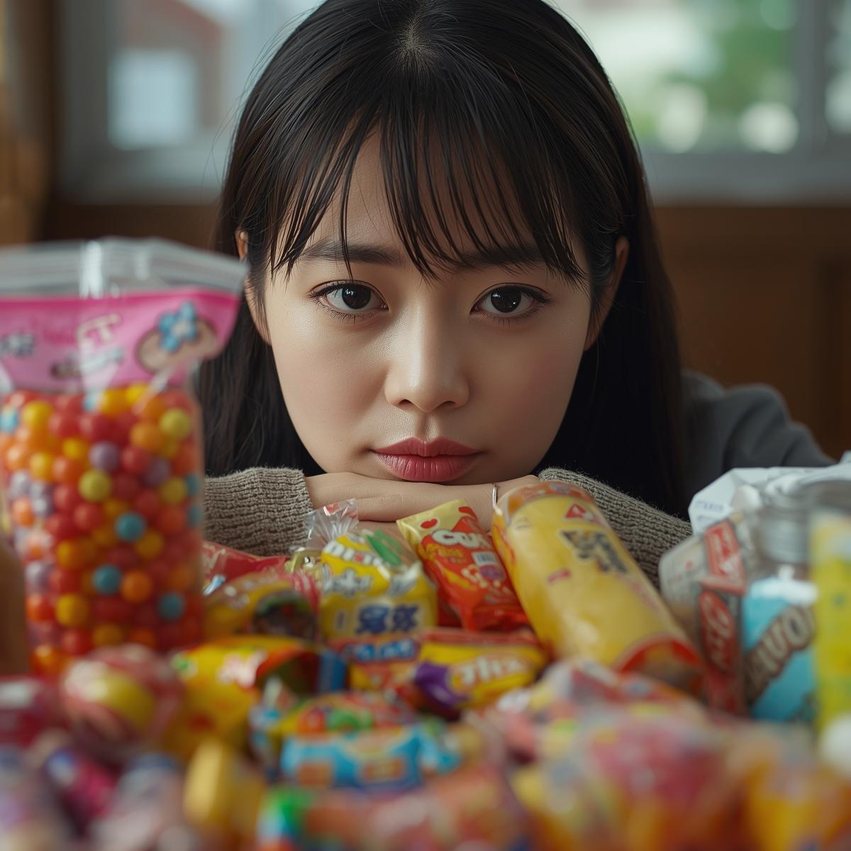 テーブルに置いてある固いお菓子やガム、粘着性のある食べ物を遠くから見つめる日本人女性の実写風イメージ。食べるか迷う表情が印象的なシーン。