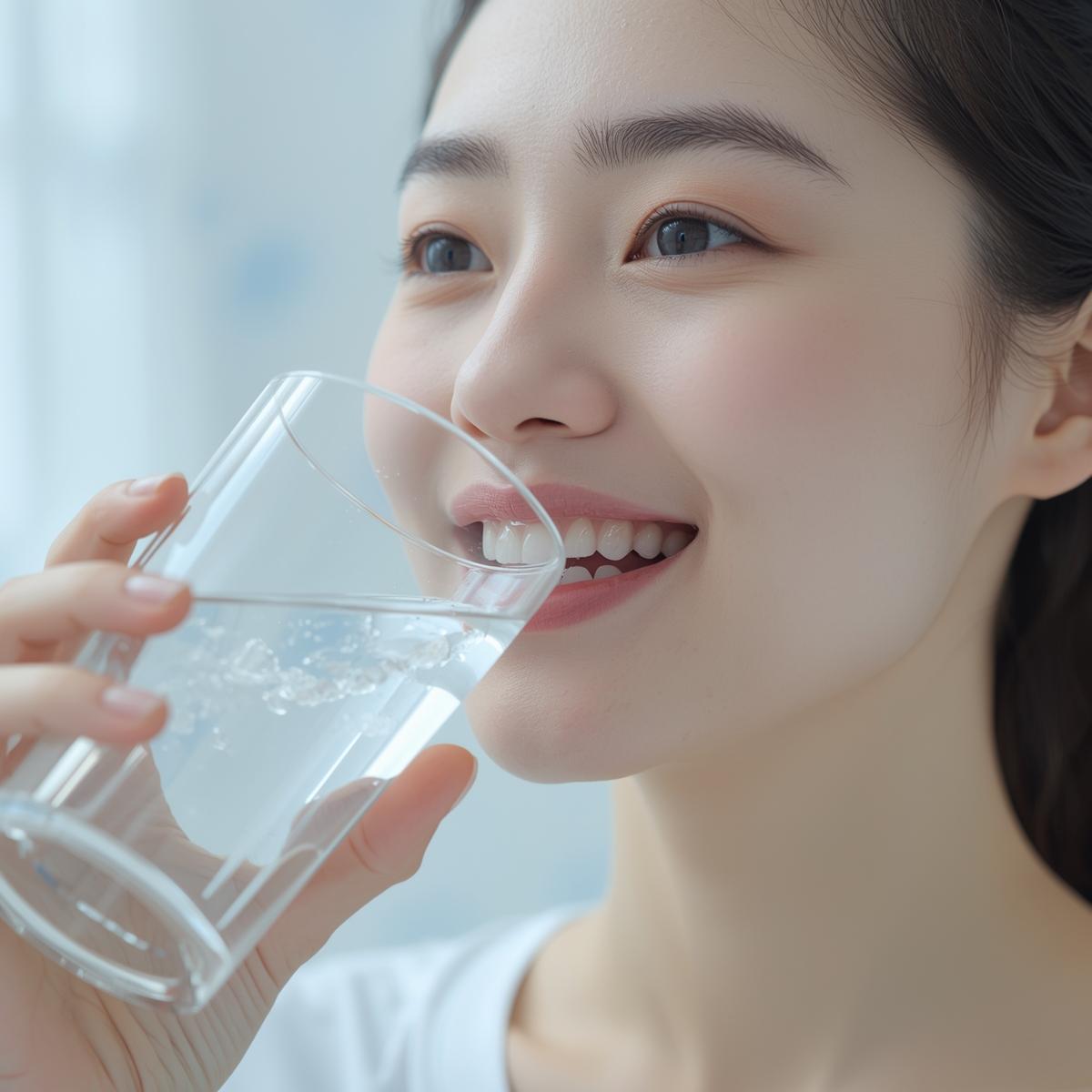 マウスピース矯正中のアジア人女性が透明な水を飲みながら笑顔を見せる実写風イメージ。白と淡いブルー基調で爽やかな印象。