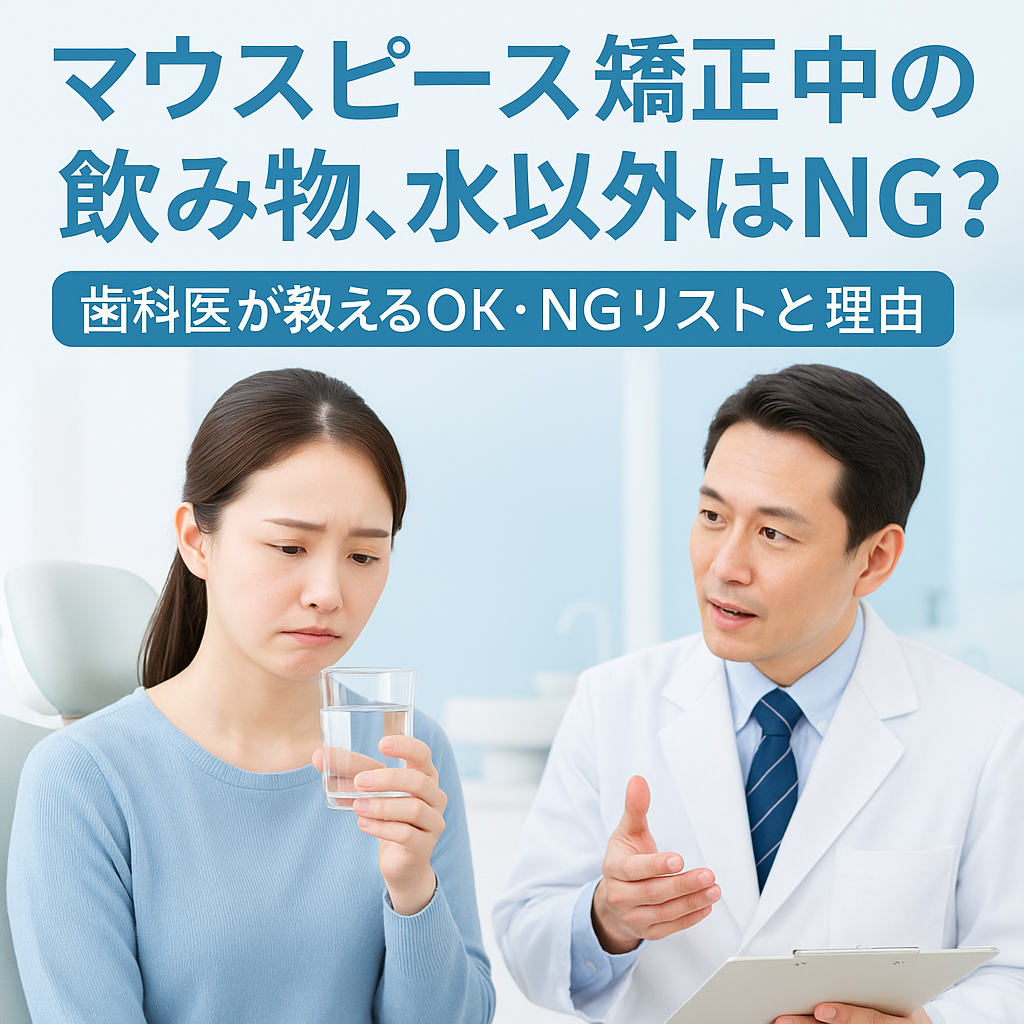 マウスピース矯正中の女性がコップの水を見つめながら悩む様子と、歯科医が説明している清潔感ある歯科医院内の実写風イメージ。白と淡いブルー基調で、タイトル文字入り。.