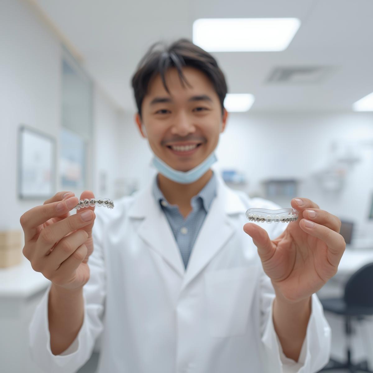 ワイヤー矯正とマウスピース矯正を比較しながら説明する歯科医。ブラケットやマウスピースの実物を手に持つ様子の実写風イメージ。