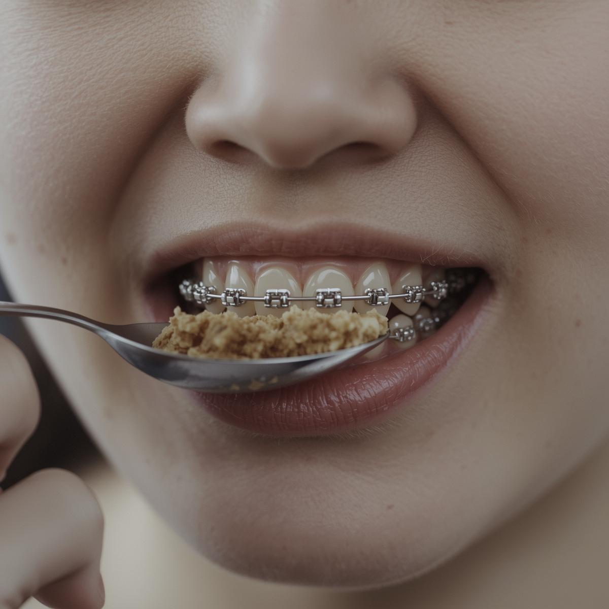 ワイヤー矯正を装着した若い日本人女性が、歯を気にしながらスプーンで食事を取るシーンの実写風イメージ。矯正器具が見える口元のクローズアップ。