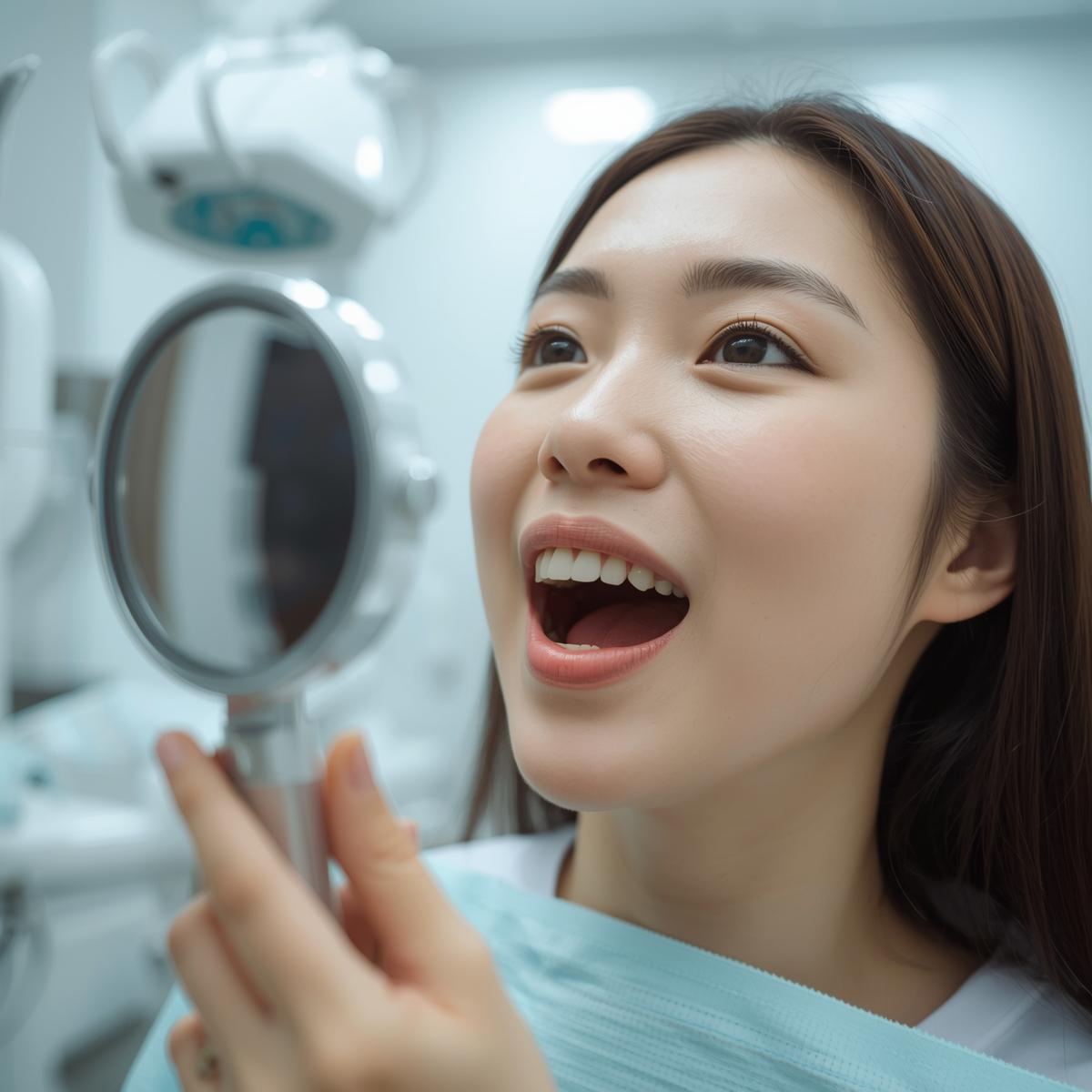 口の中を鏡で確認するアジア人女性の実写風イメージ。白く明るい院内で清潔感のある雰囲気。