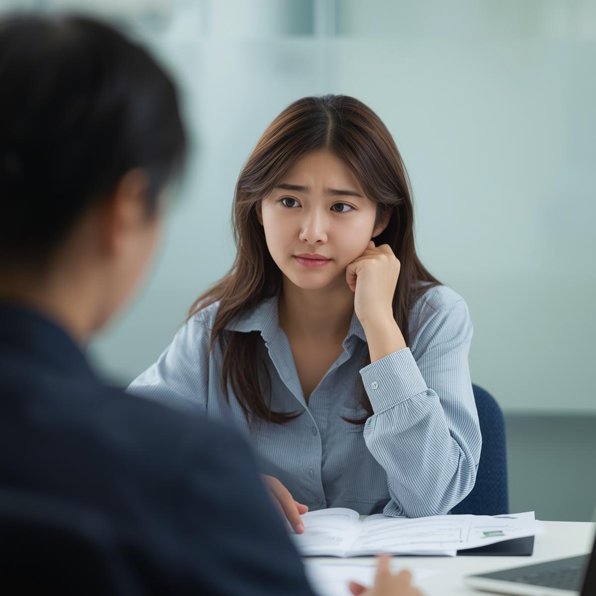 審査書類に目を通す日本人女性患者の実写風イメージ。少し緊張した表情で説明を受けている様子。