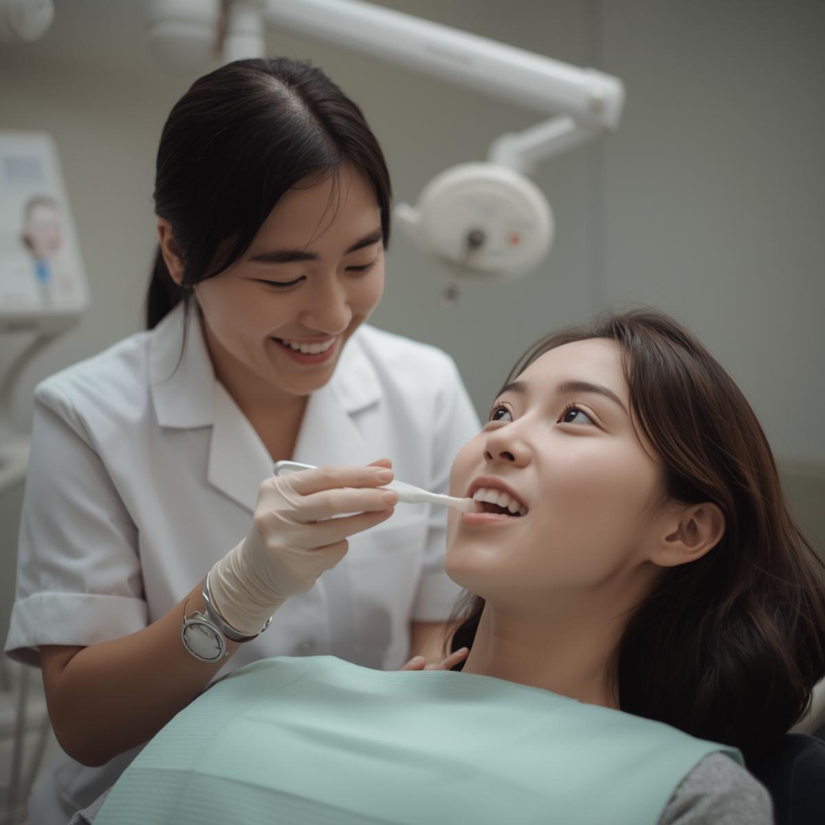 日本人歯科医がアジア人女性患者にうがいや洗浄方法を説明している実写風イメージ。落ち着いた安心感のある表情。