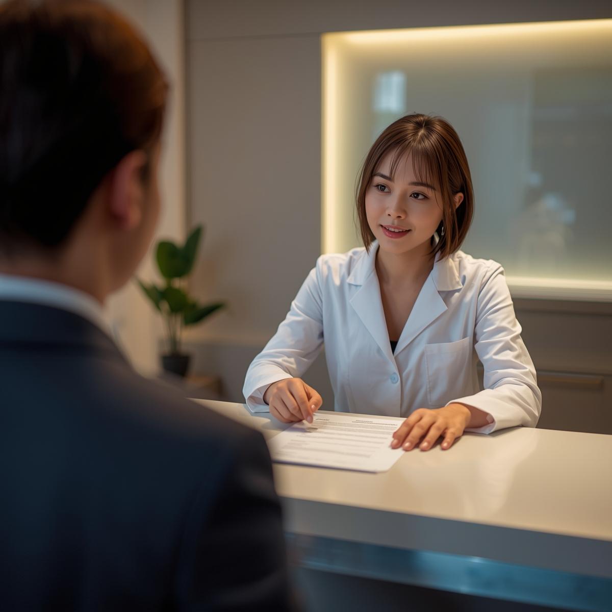 日本人歯科医が契約書を指し示しながら丁寧に説明するシーンの実写風イメージ。安心感のある空間。