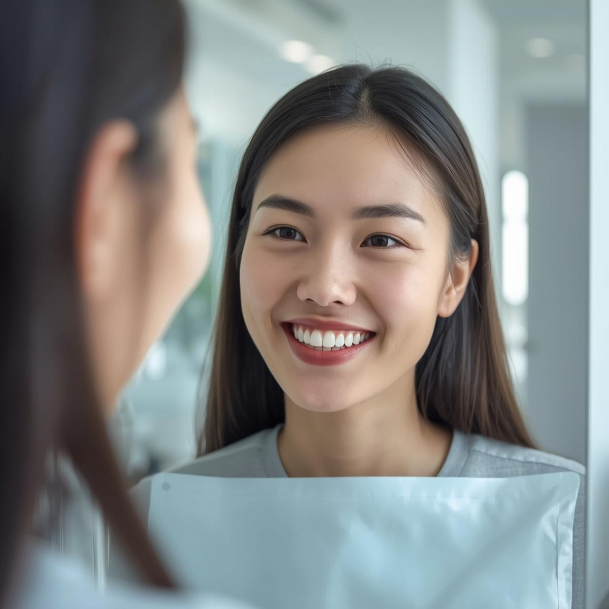 歯並びが整った笑顔の女性が鏡を見て満足そうにしている実写風イメージ。清潔感と達成感を感じる明るい歯科医院の雰囲気。