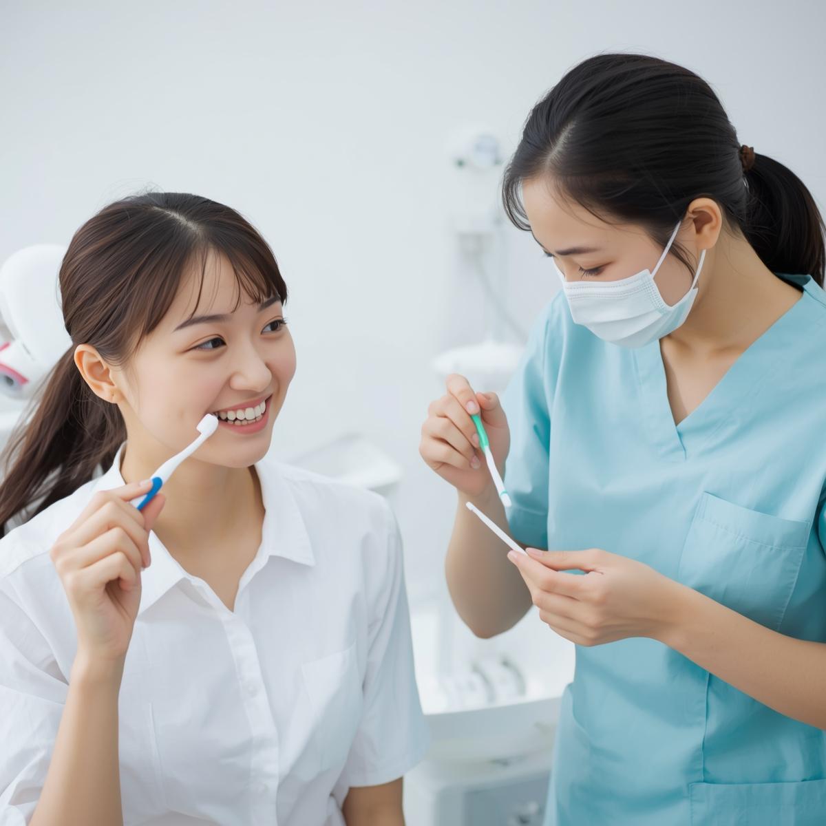 歯磨き指導を受ける若い女性と歯科衛生士。歯ブラシやフロスを使ったセルフケアのシーンを白と淡いブルー基調で表現した実写風イメージ。