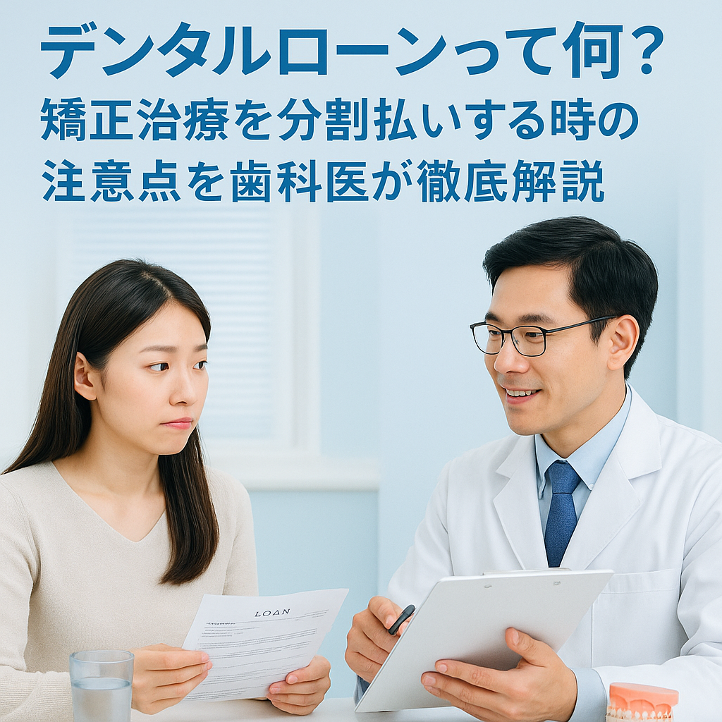 歯科医院で女性患者にデンタルローンの説明をする歯科医の実写風イメージ。白と淡いブルー基調で、安心感と信頼感のある雰囲気。タイトル文字入り。