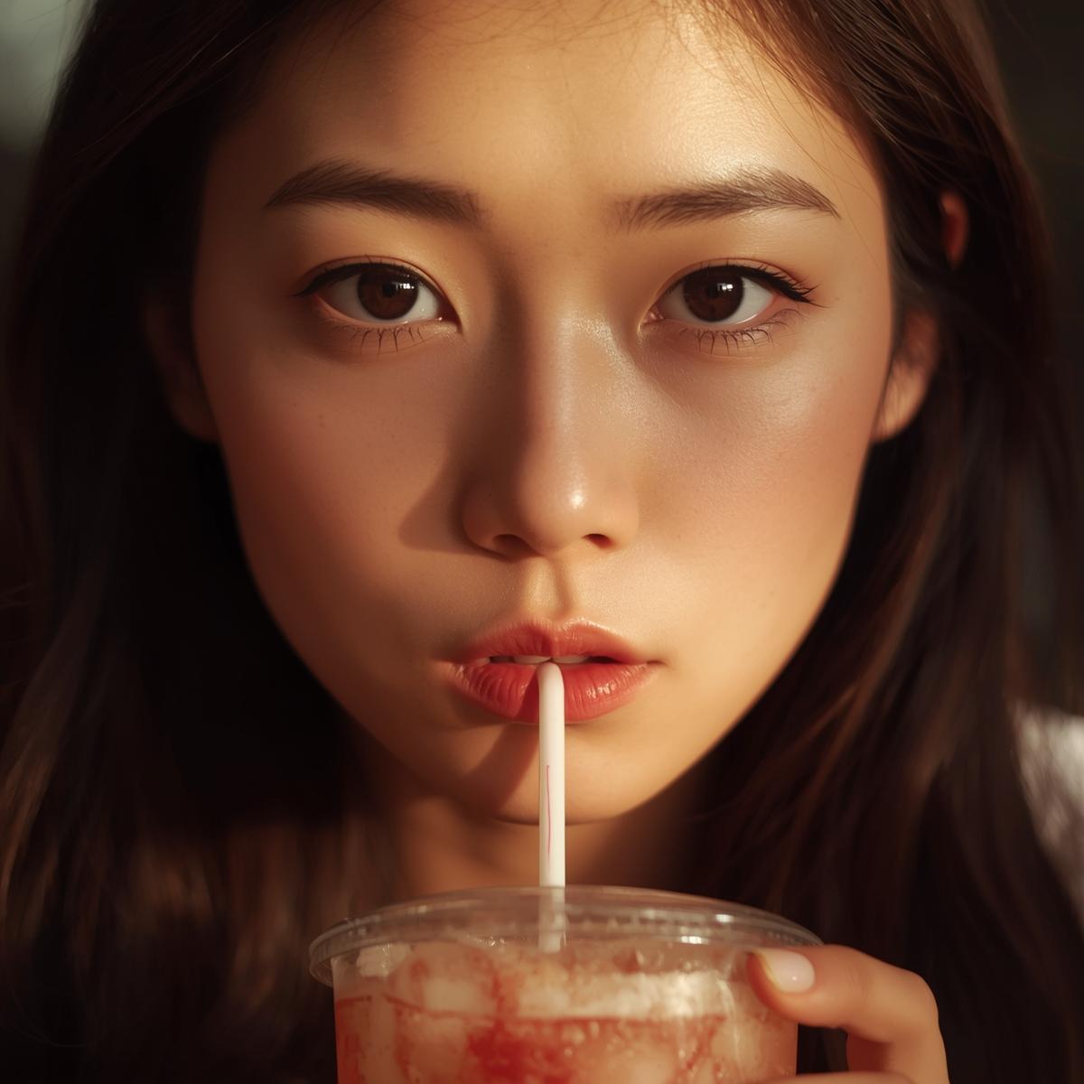 甘い飲み物をストローで飲もうとして止めるアジア人女性の実写風イメージ。柔らかい光で注意喚起を感じる構図。