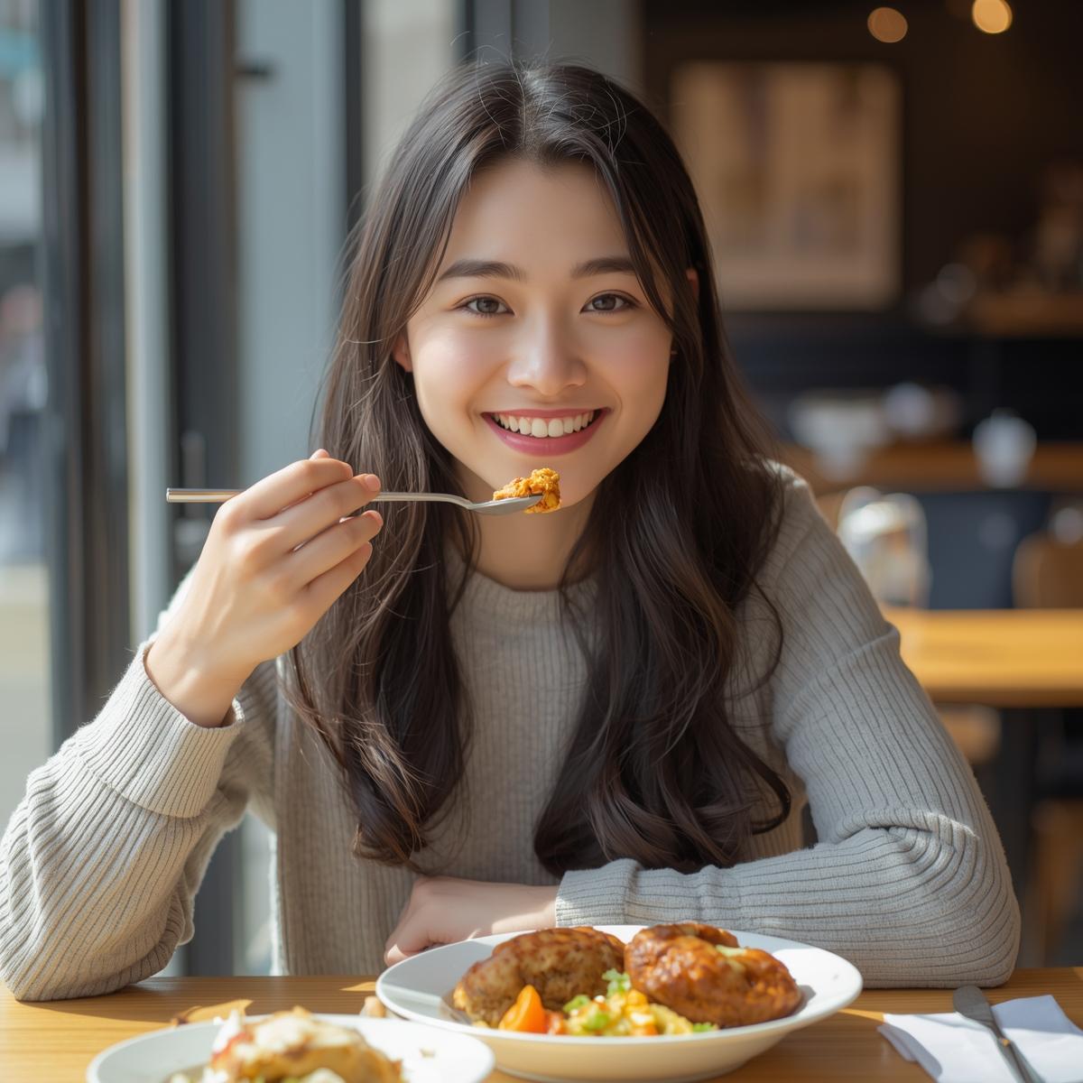矯正が進み、笑顔で食事を楽しむ日本人女性の実写風イメージ。整った歯並びと自然な笑顔で安心感を与える雰囲気。