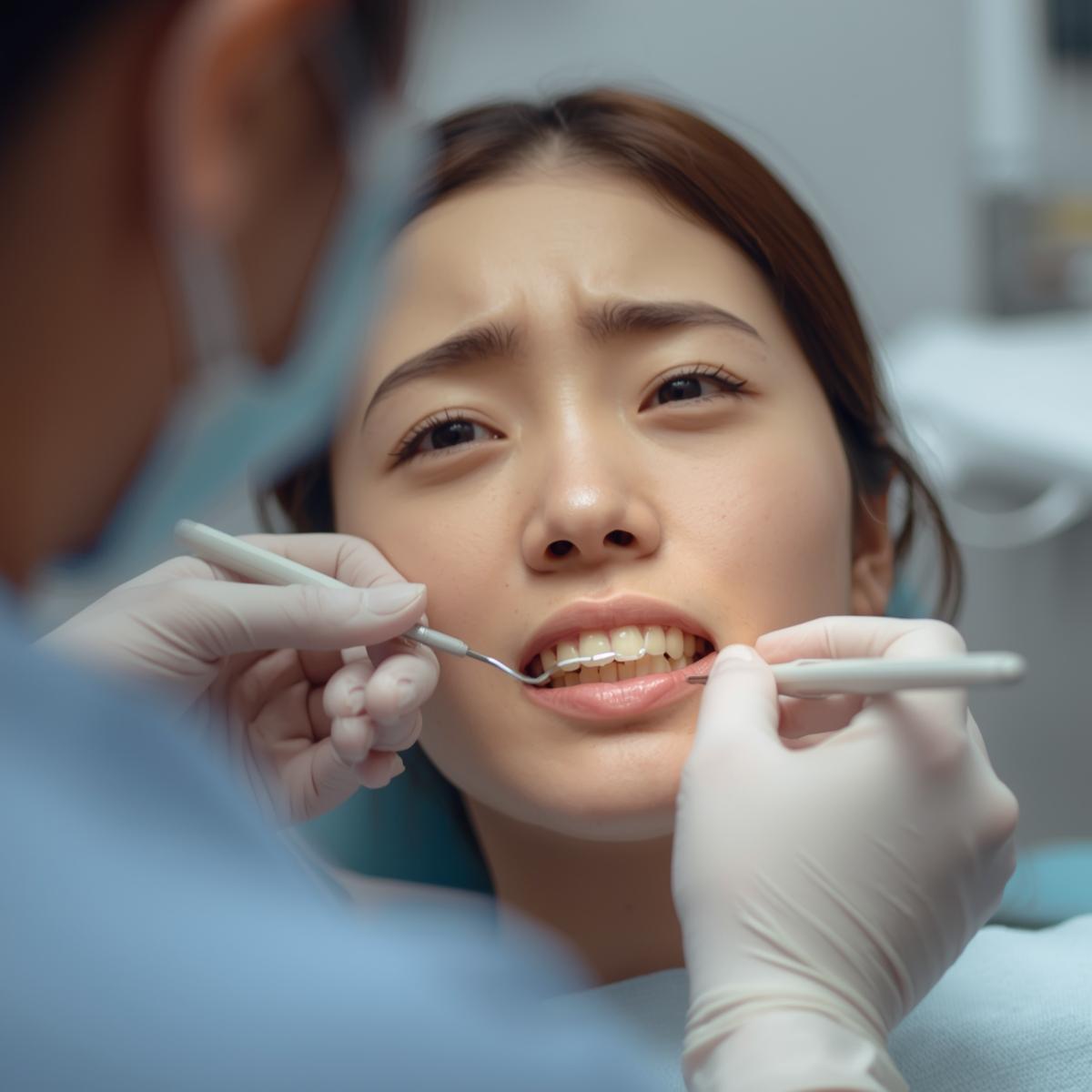 矯正器具を外す必要がある治療イメージ。患者が説明を受けている少し不安げな表情の実写風イメージ。