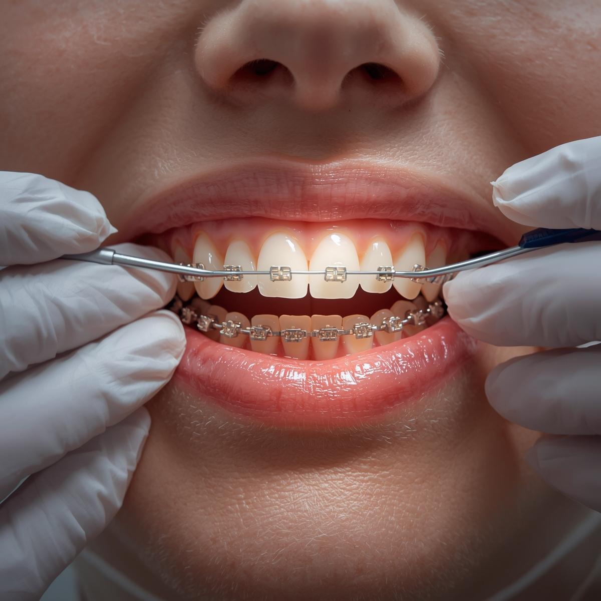 矯正装置を装着した歯のクローズアップと、治療中の歯科医の手元の実写風イメージ。清潔で安心感のある印象。