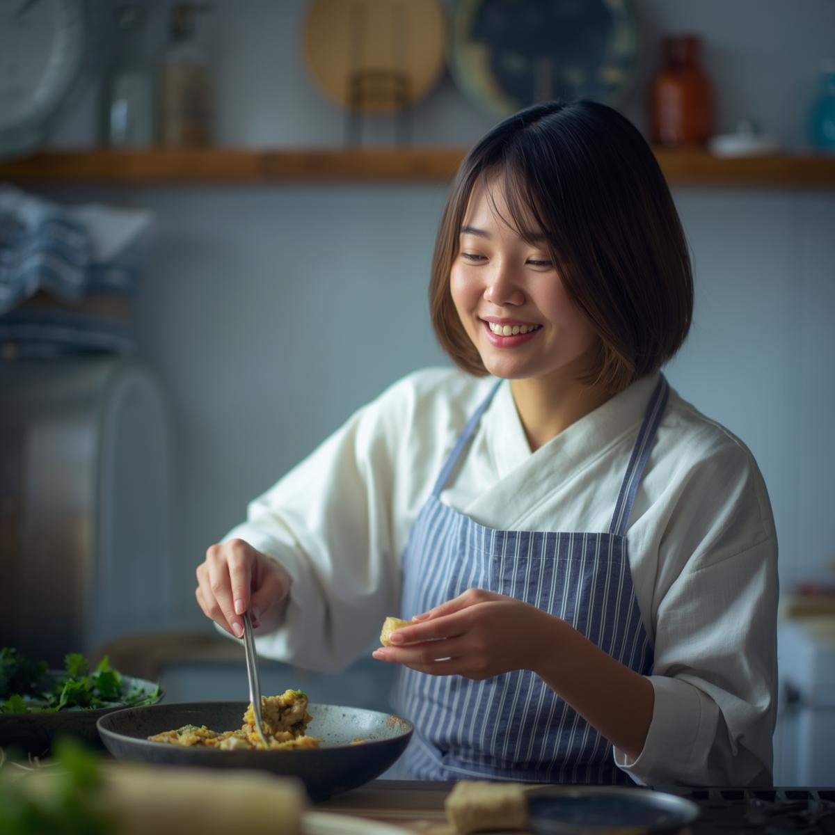 自宅キッチンで料理をする若い日本人女性が、笑顔で食事を楽しむ実写風イメージ。淡いブルーと白のやさしい色合い。