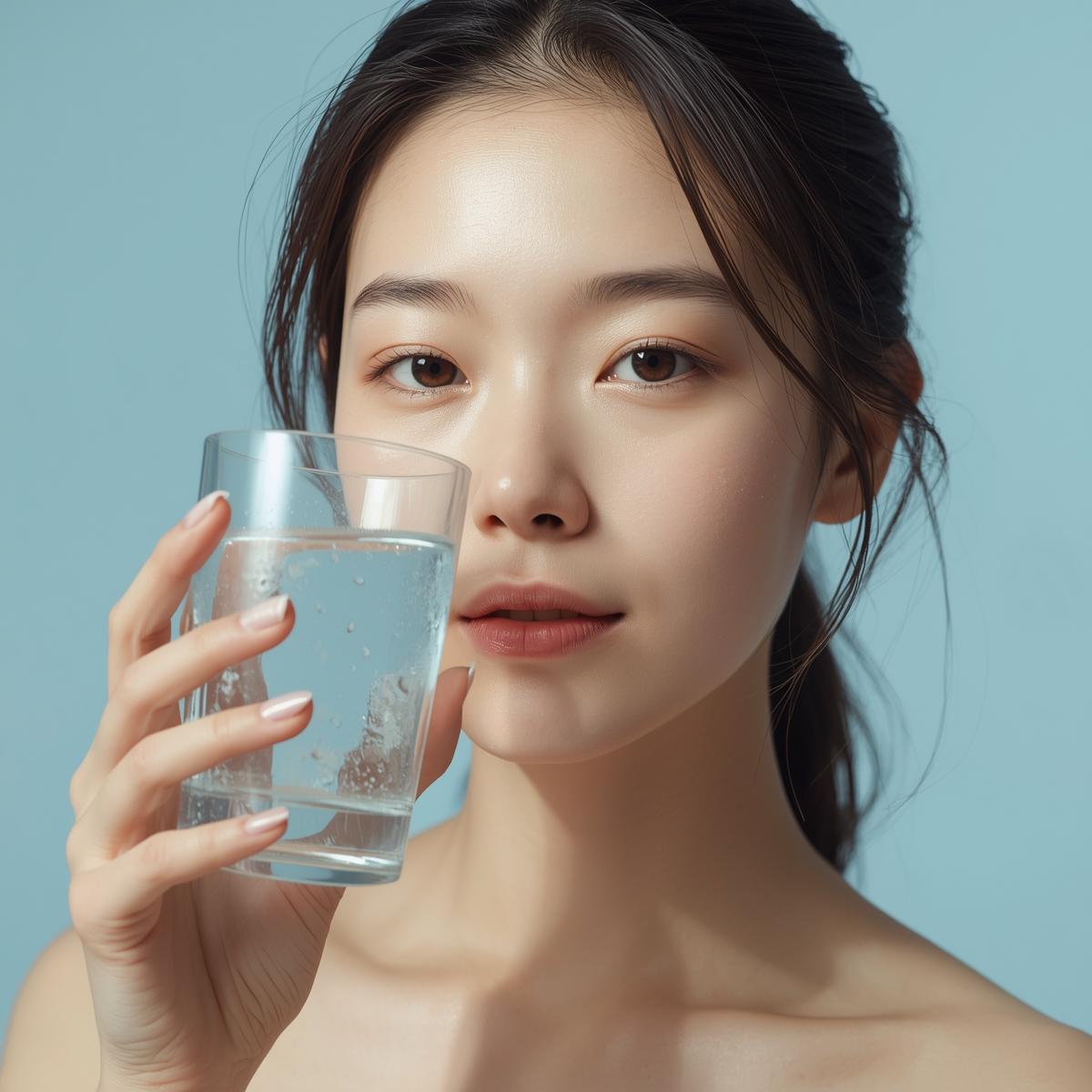 透明なコップに注がれた水を手に持つ若いアジア人女性の実写風イメージ。淡いブルー基調の背景で清潔感を演出。
