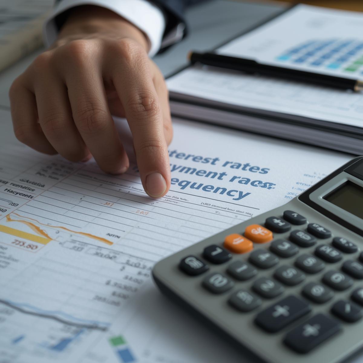 金利や支払い回数を計算する手元のイメージ。書類や電卓が見える実写風のシーン。