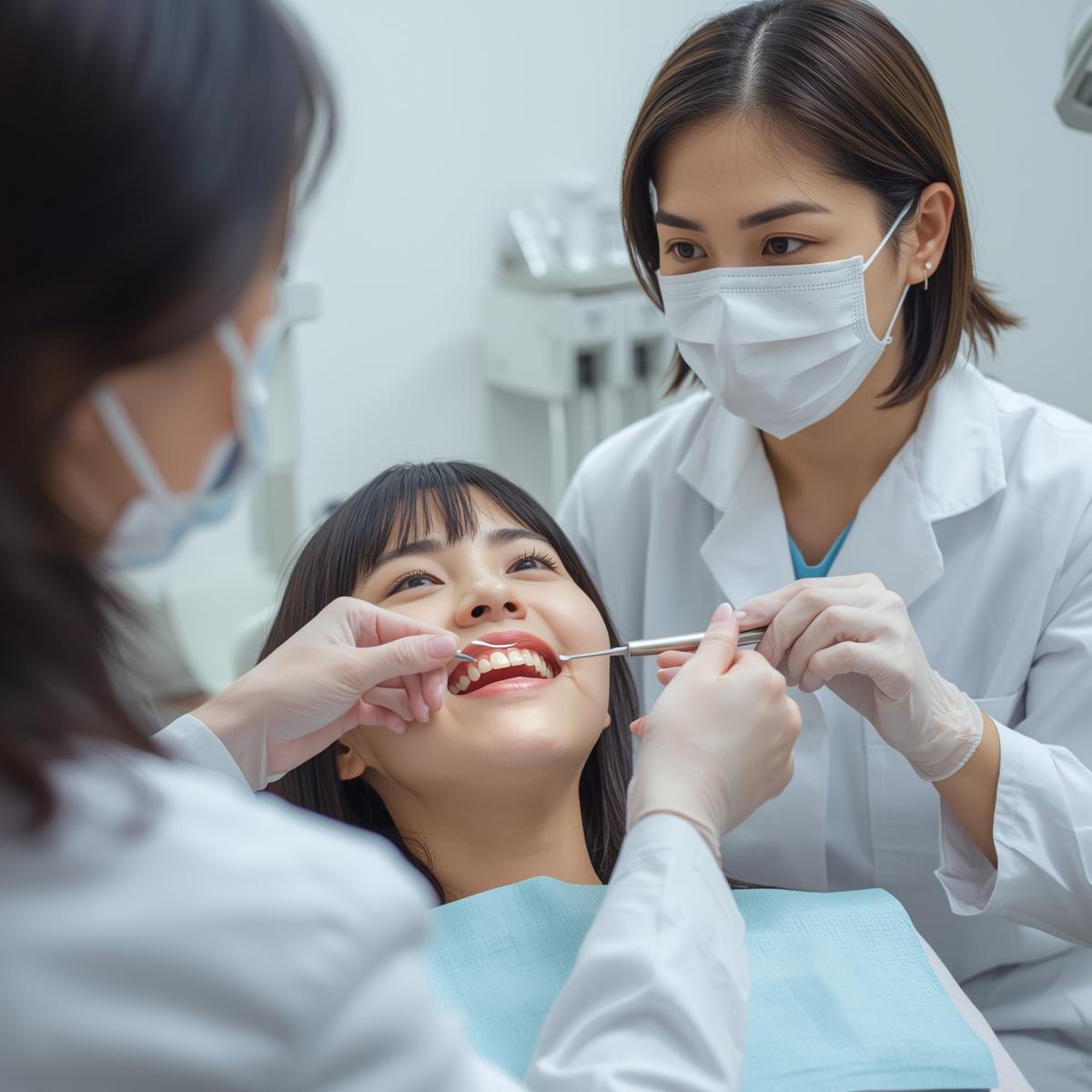 鏡で自分の歯をチェックしている日本人女性と、診察で虫歯を確認する日本人歯科医の実写風イメージ。落ち着いた院内の雰囲気