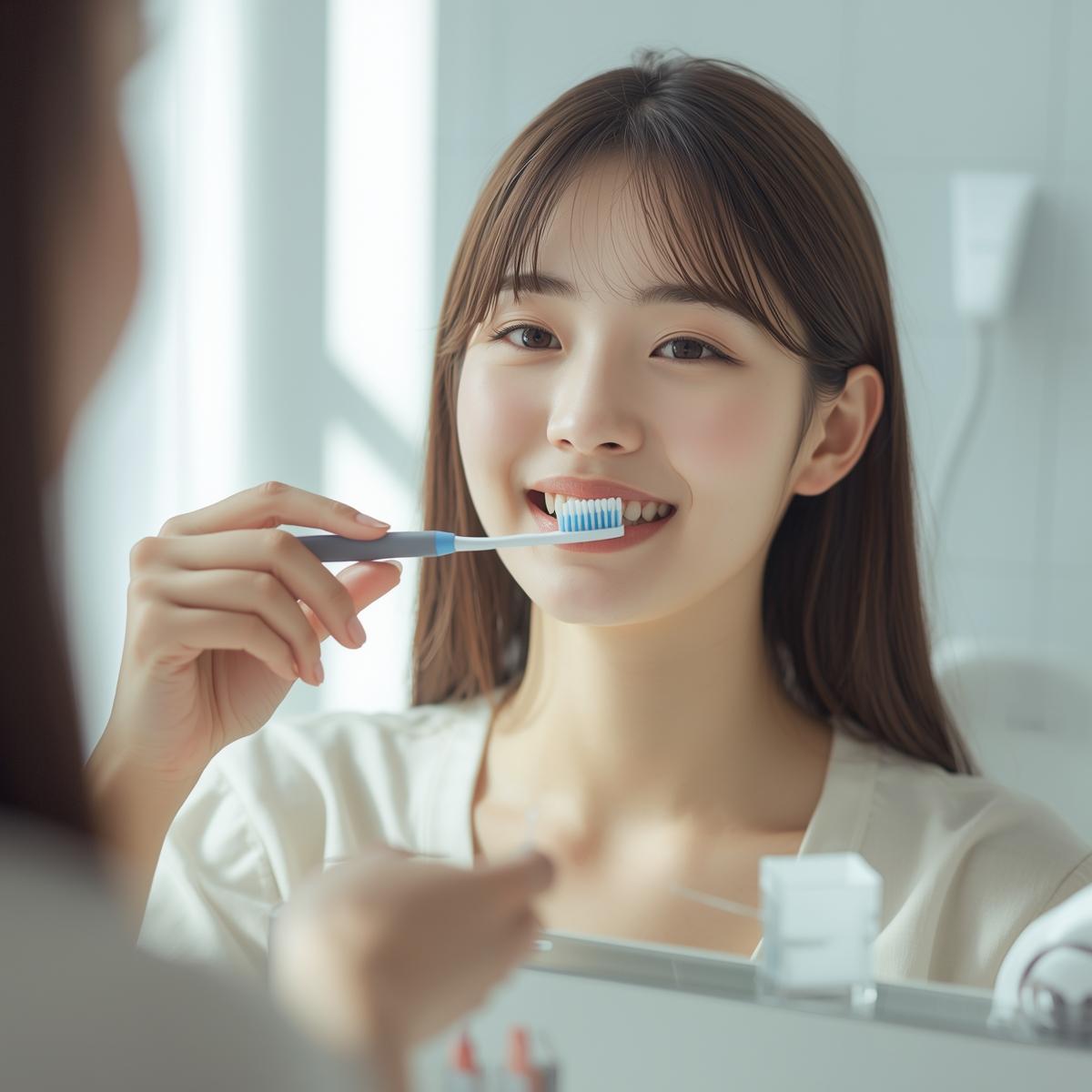 食後に歯磨きを丁寧に行う日本人女性の実写風イメージ。歯ブラシやフロスを使う清潔感のあるシーン。
