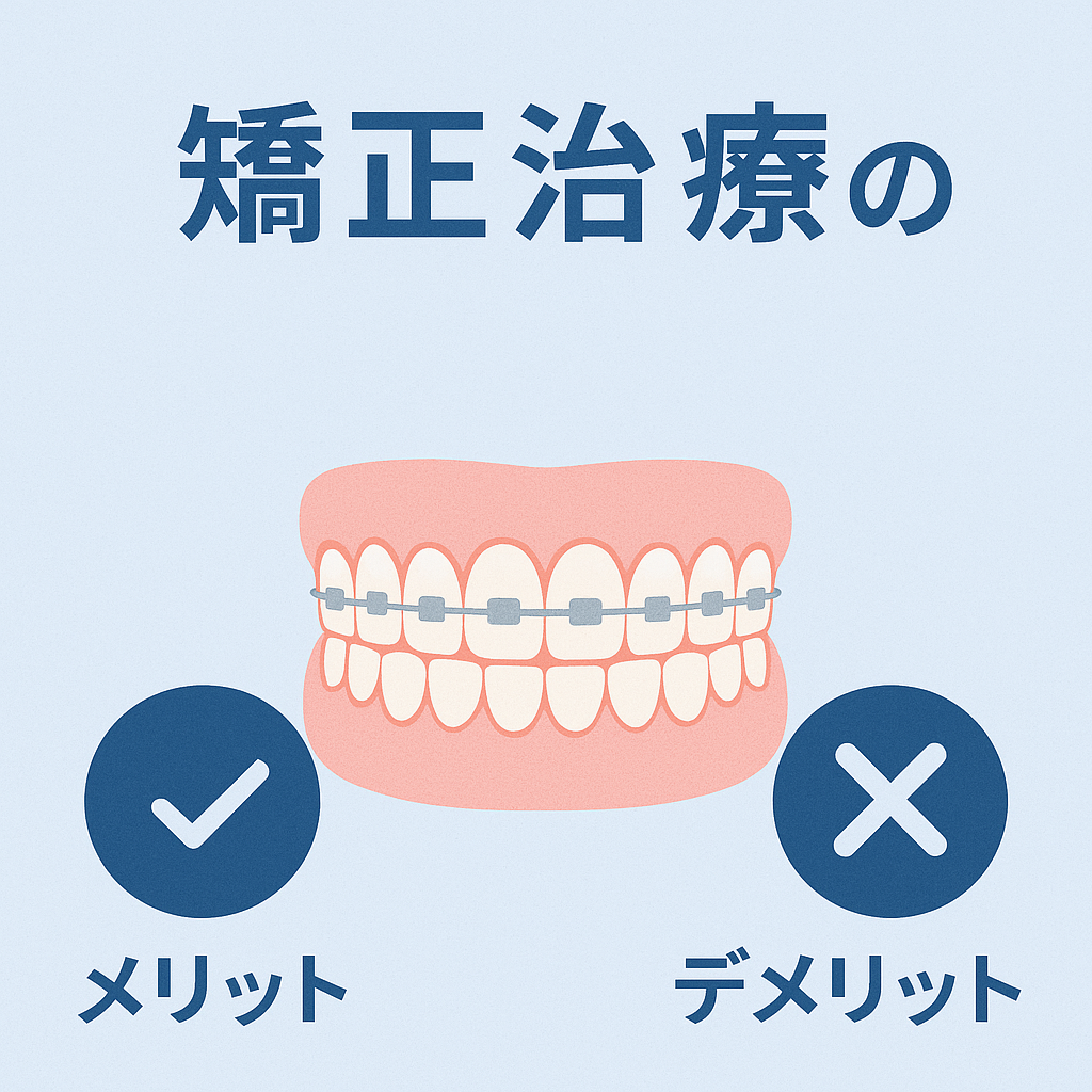 矯正治療のメリット・デメリットがひと目で分かるイメージ（白と淡いブルー背景・文字入り）