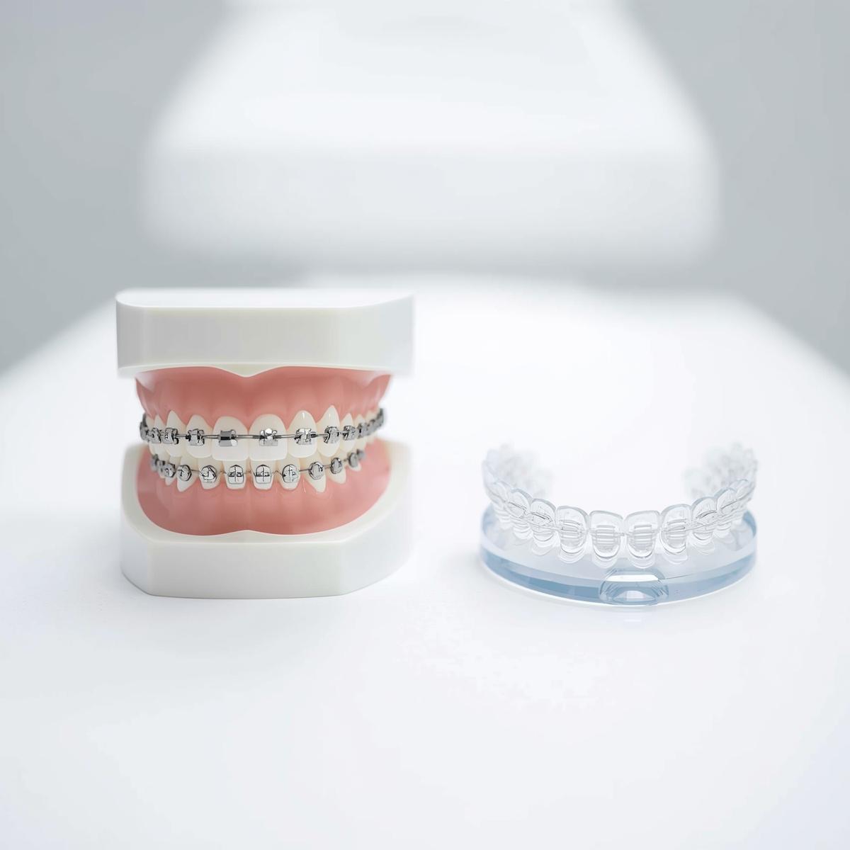 ワイヤー矯正の歯の模型見本一つとインビザライン見本一つが白い診療台に並んだイメージ写真（人物なし）