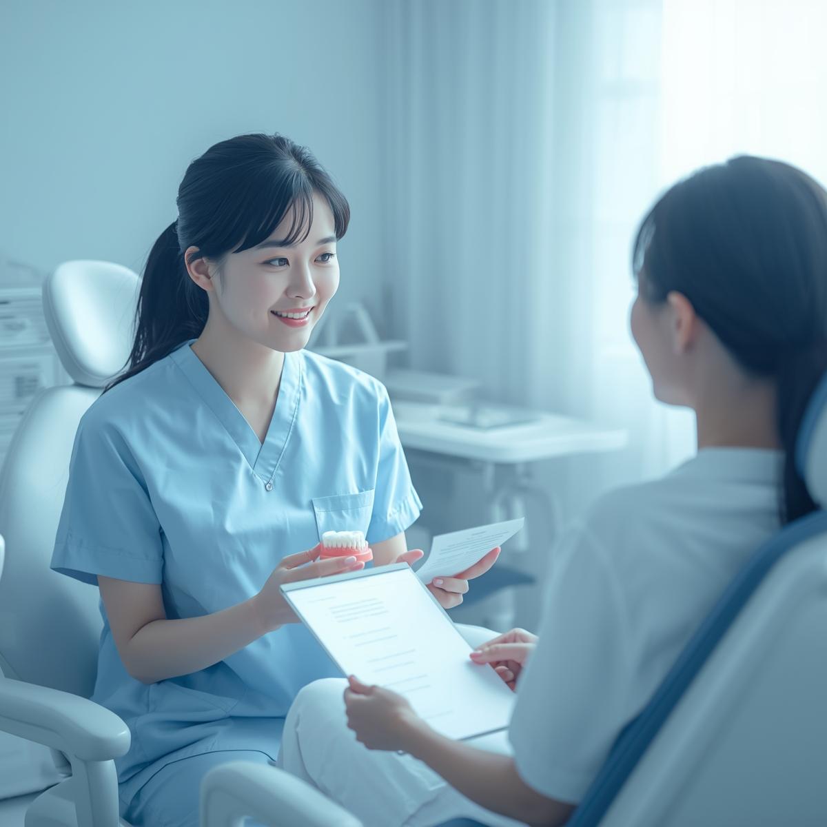 日本人歯科医と診察椅子に座った日本人女性患者が向かい合い、問診票や模型を使って悩みや希望を相談するシーンを写した実写風カウンセリング風景（淡いブルー基調）
