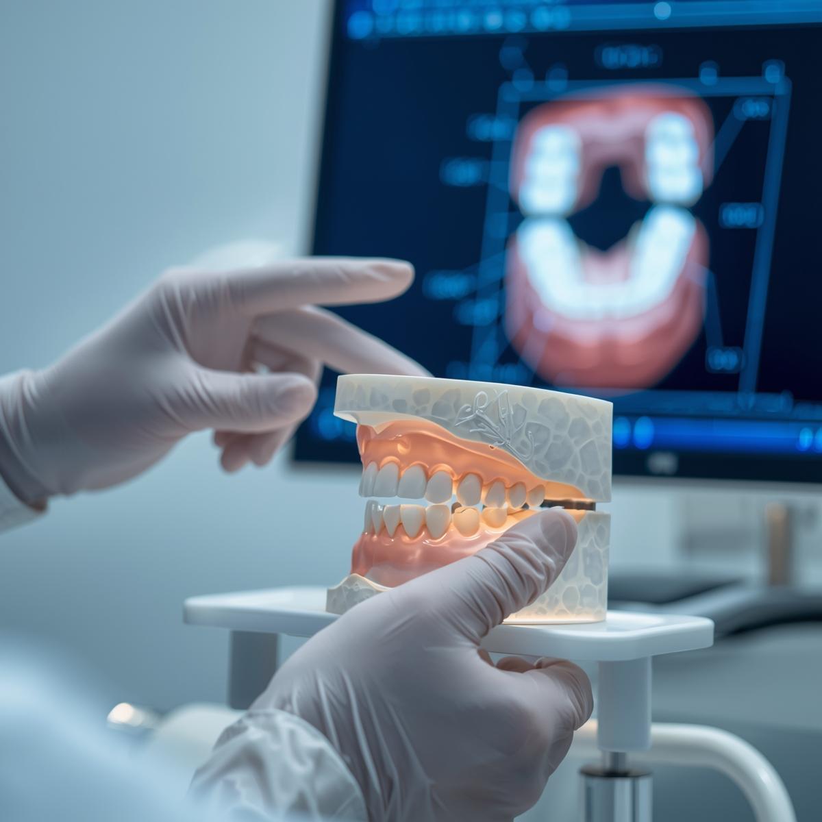 歯並びの模型やモニター画像を前に、治療計画を説明する日本人歯科医の手元が写った実写風イメージ（淡いブルーの背景）。