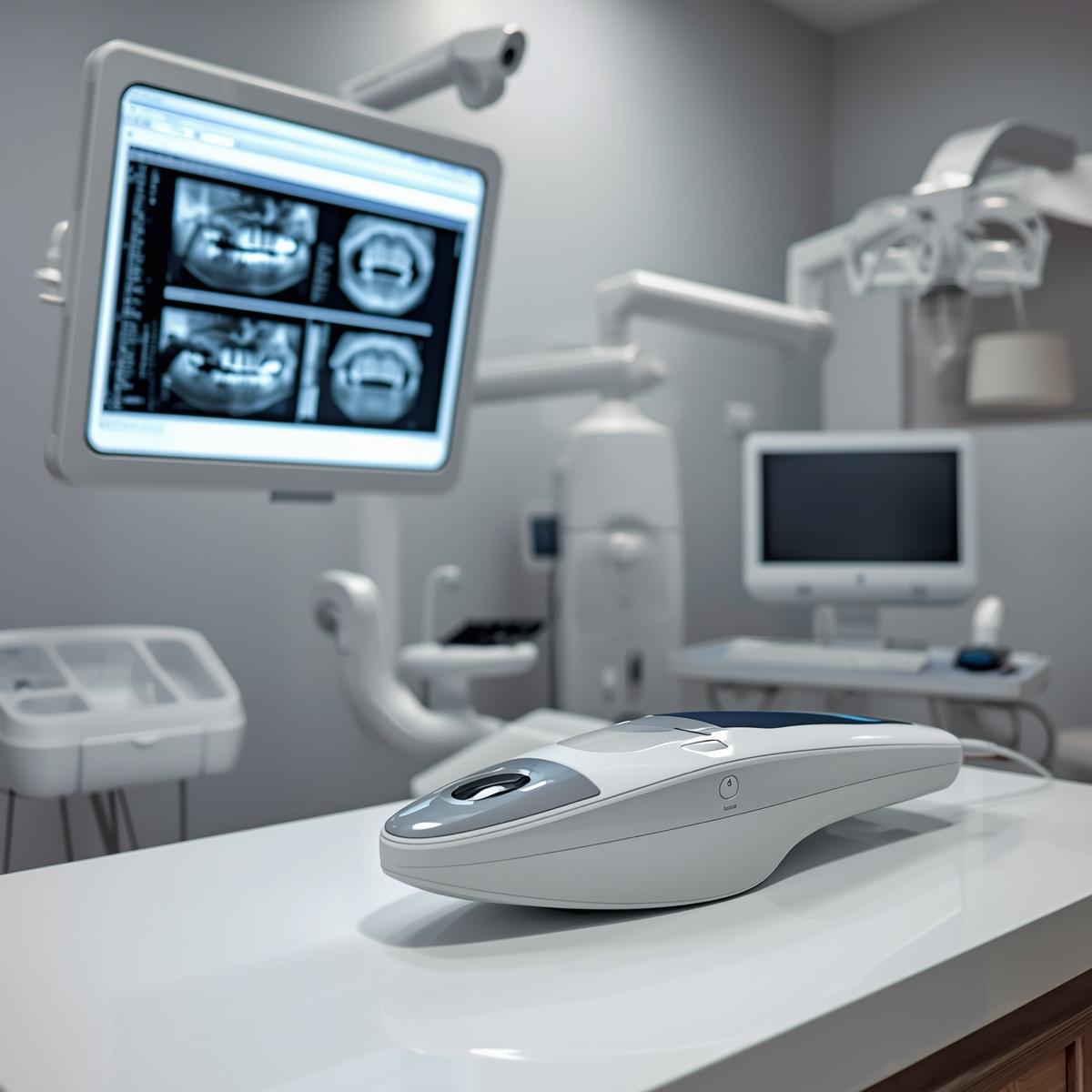 歯科用レントゲン画像や口腔内スキャナーを確認する診療室内の検査機器を写した、清潔感のある実写風イメージ（人物なし）。