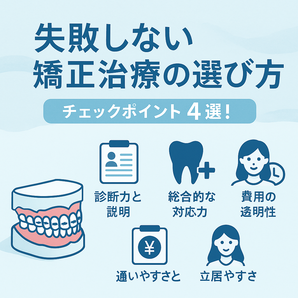 白と淡いブルー基調で、矯正治療のチェックポイントを示すアイコンとタイトル文字を配置した清潔感のあるアイキャッチ画像