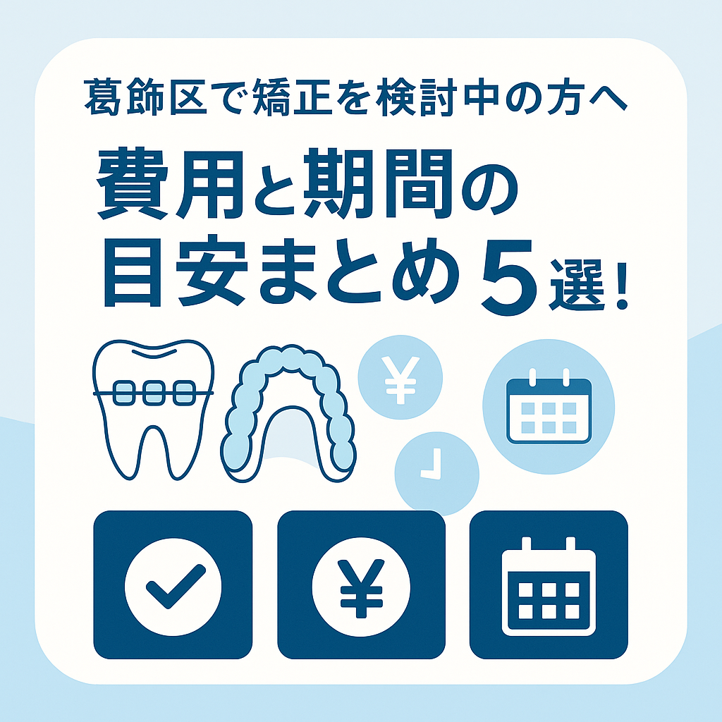 白と淡いブルー基調で、矯正装置のイラストや費用・期間をイメージするアイコンを配置した、清潔感のあるアイキャッチ画像。