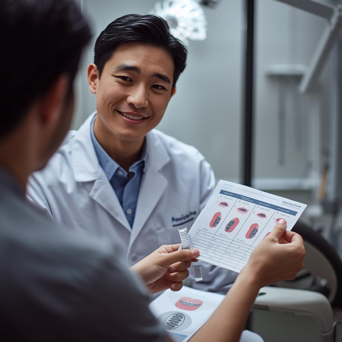 矯正費用の比較表や資料を前に、アジア人歯科医が説明している様子を写した実写風カウンセリングシーン