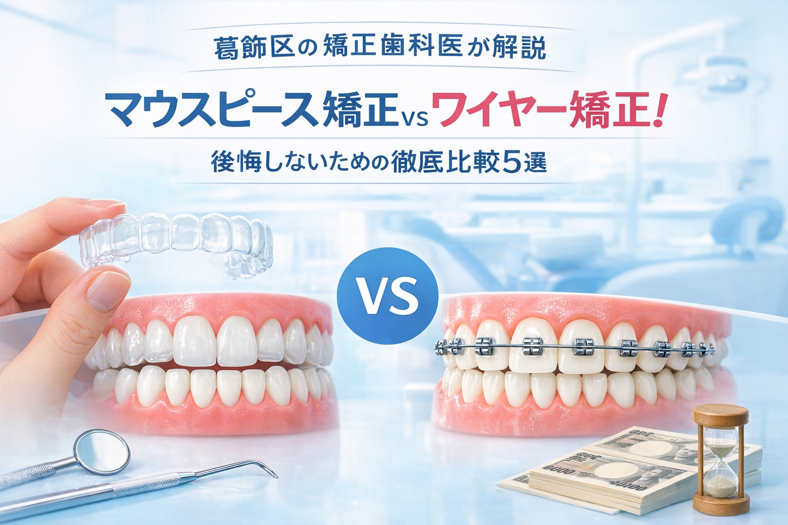 葛飾区の矯正歯科でマウスピース矯正とワイヤー矯正を比較解説するイメージ画像、白と淡いブルー基調の清潔感ある歯科ビジュアル、タイトル文字入り